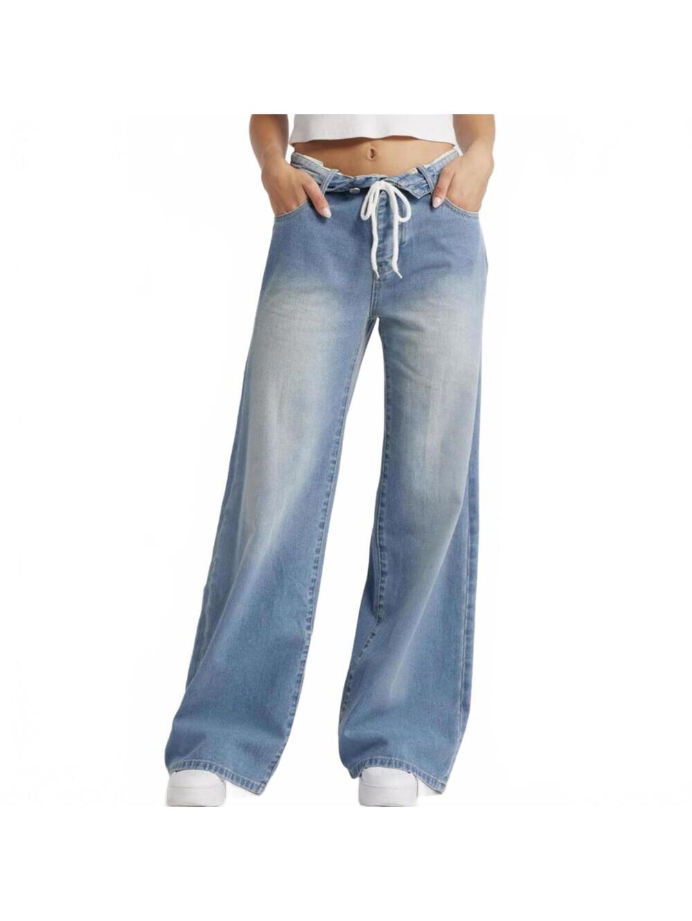 PTCL Foldover High-Waisted Wide Leg Jeans Light Wash Indigo NWT Size 25